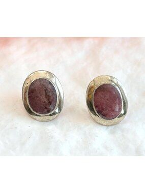 Natural Watermelon Rhodonite Gemstone Vintage Sterling Silver 925 Stud Earrings